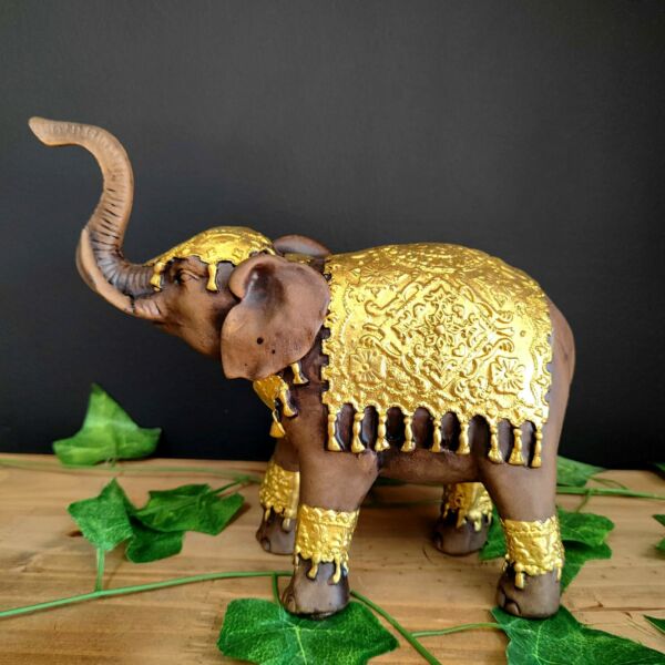 ELEFANTE MANTO RETO M ENVELHECIDO COM DOURADO 20CM