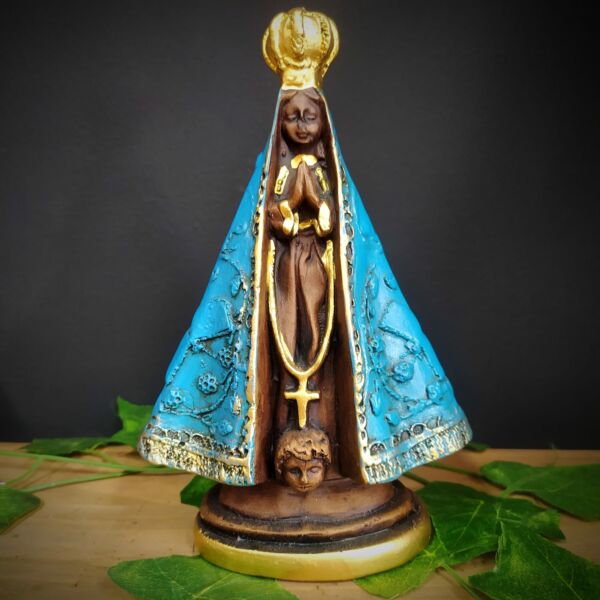 IMAGEM EM GESSO NOSSA SENHORA APARECIDA ENVELHECIDA COM MANTO AZUL M 21CM