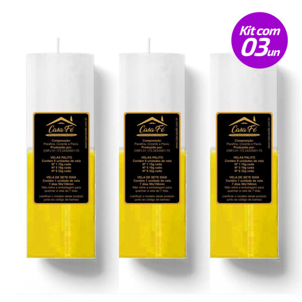 KIT 3 VELAS SETE DIAS 260G AMARELO COM BRANCO CASA FÉ