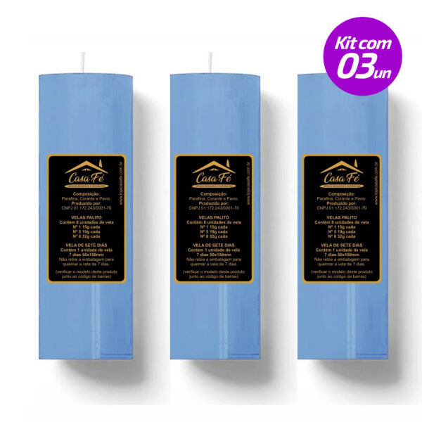 KIT 3 VELAS SETE DIAS 260G AZUL CLARO CASA FÉ