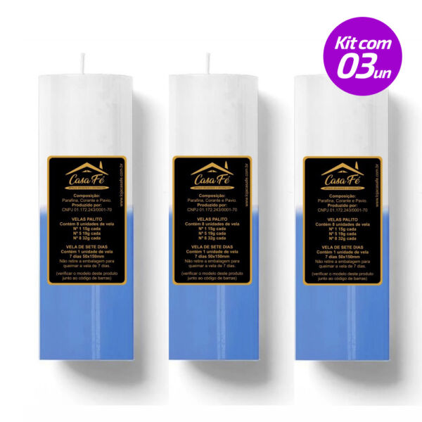 KIT 3 VELAS SETE DIAS 260G AZUL CLARO COM BRANCO CASA FÉ