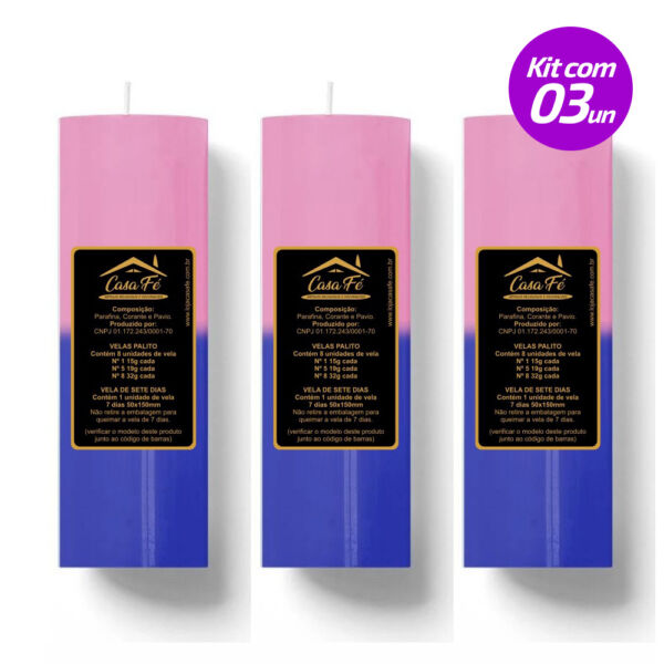 KIT 3 VELAS SETE DIAS 260G AZUL CLARO COM ROSA CASA FÉ