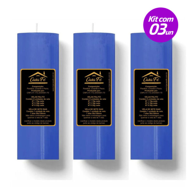 KIT 3 VELAS SETE DIAS 260G AZUL ESCURO CASA FÉ