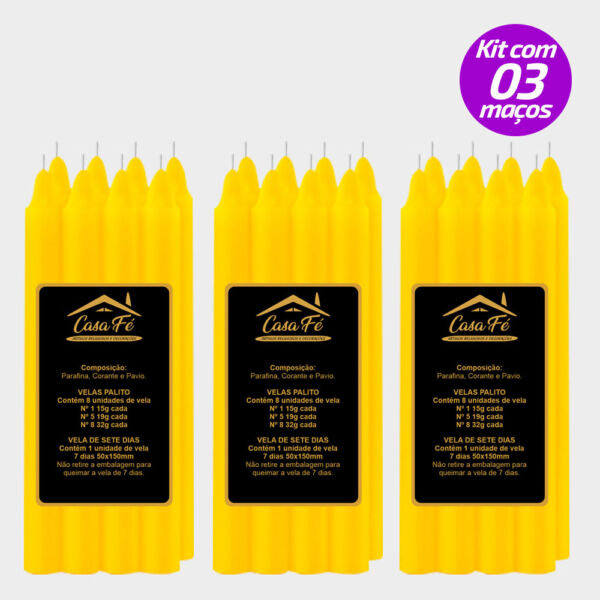 KIT 3 MAÇOS VELAS PALITO N5 AMARELA 152G - CASA FÉ