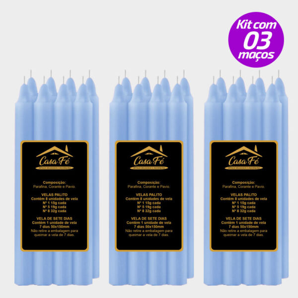 KIT 3 MAÇOS VELAS PALITO N5 AZUL CLARO 152G - CASA FÉ