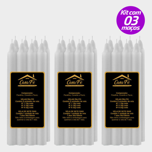 KIT 3 MAÇOS VELAS PALITO N5 BRANCA 152G - CASA FÉ