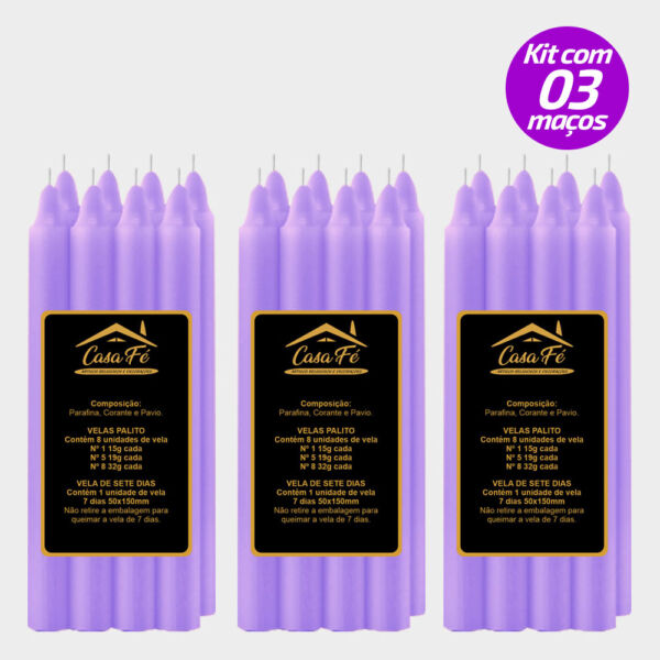 KIT 3 MAÇOS VELAS PALITO N5 LILÁS 152G - CASA FÉ