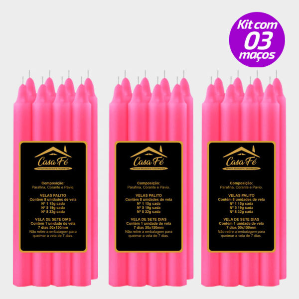 KIT 3 MAÇOS VELAS PALITO N5 PINK / MAGENTA 152G - CASA FÉ