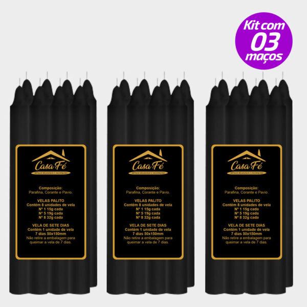 KIT 3 MAÇOS VELAS PALITO N5 PRETA 152G - CASA FÉ