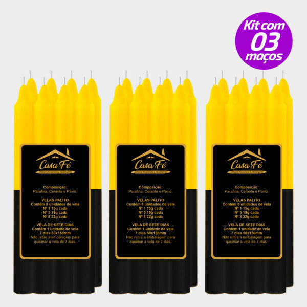 KIT 3 MAÇOS VELAS PALITO N5 PRETA COM AMARELA 152G - CASA FÉ