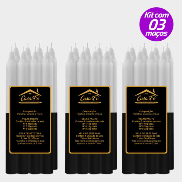 KIT 3 MAÇOS VELAS PALITO N5 PRETA COM BRANCA 152G - CASA FÉ