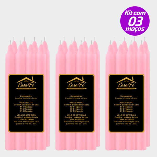 KIT 3 MAÇOS VELAS PALITO N5 ROSA 152G - CASA FÉ