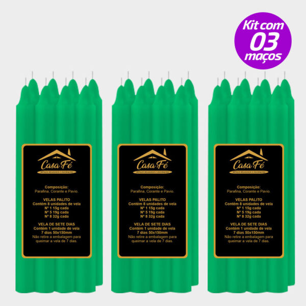 KIT 3 MAÇOS VELAS PALITO N5 VERDE 152G - CASA FÉ