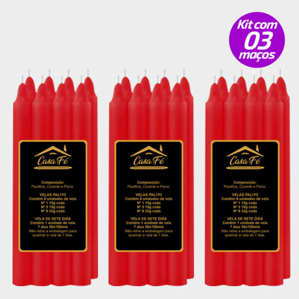 KIT 3 MAÇOS VELAS PALITO N5 VERMELHA 152G - CASA FÉ