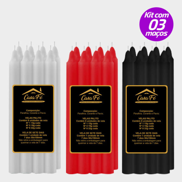 KIT 3 MAÇOS VELAS PALITO N5 BRANCA VERMELHA E PRETA 152G - CASA FÉ