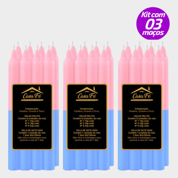 KIT 3 MAÇOS VELAS PALITO N1 AZUL CLARO COM ROSA 120G - CASA FÉ