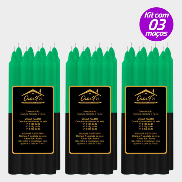 KIT 3 MAÇOS VELAS PALITO N1 PRETA COM VERDE 120G - CASA FÉ