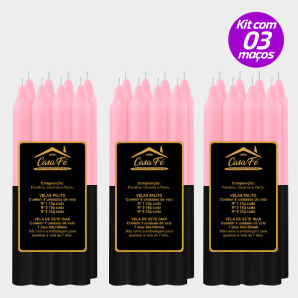 KIT 3 MAÇOS VELAS PALITO N1 PRETA COM ROSA 120G - CASA FÉ